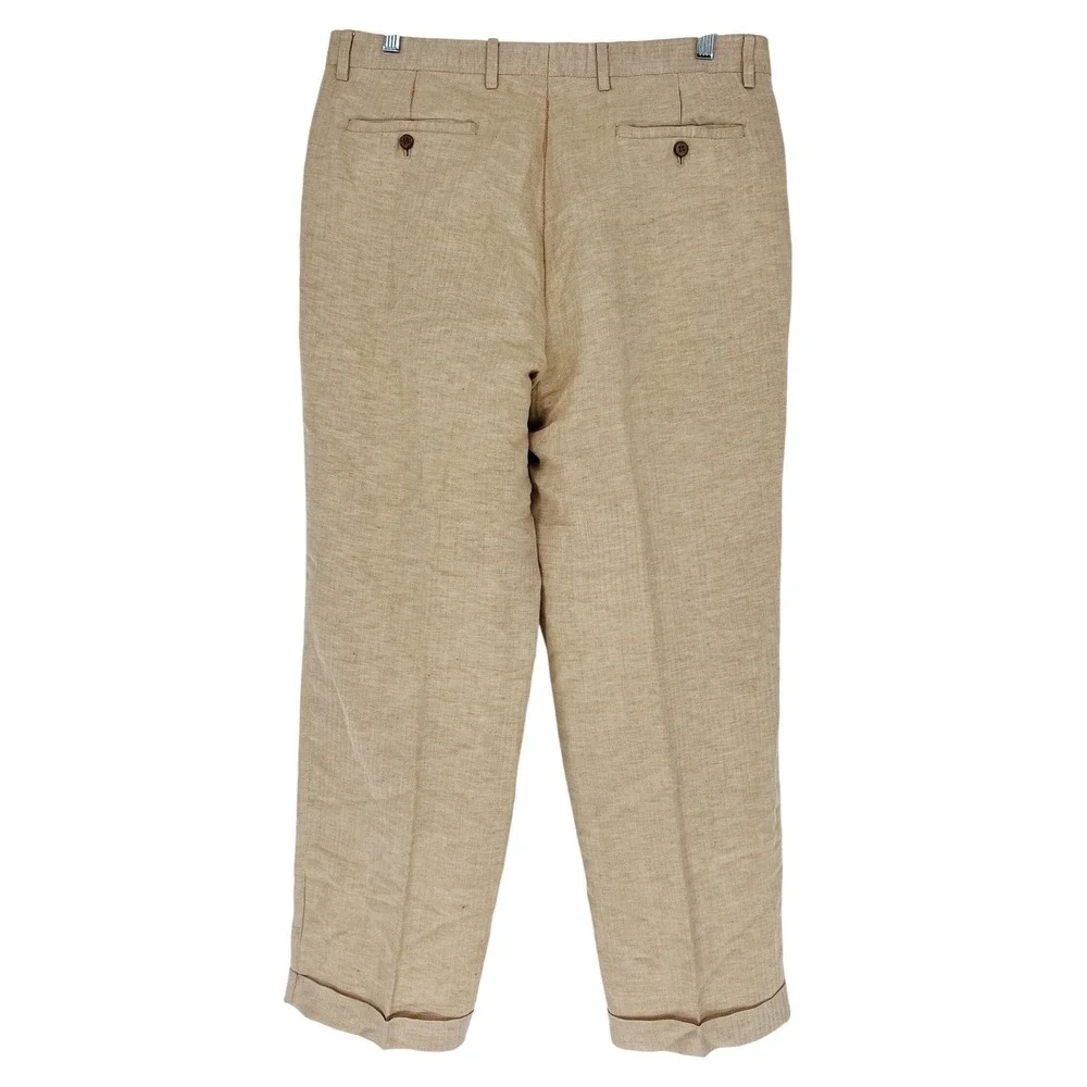 Sette Ponti Pleated Trousers Mens 36x29 Tan Silk Linen Herringbone Cuffed Luxe